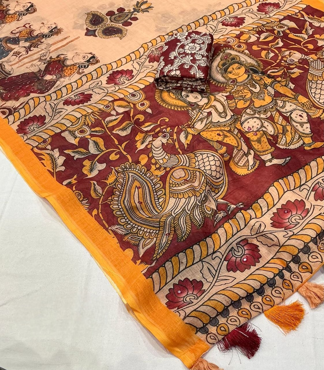 Kalamkari Style Linen Printed Saree - Mustard Yellow